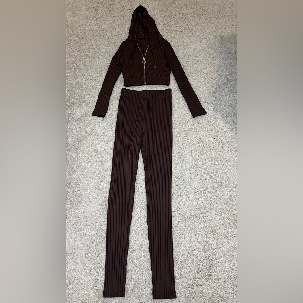 Brown Ribbed zipper jacket and Pants set